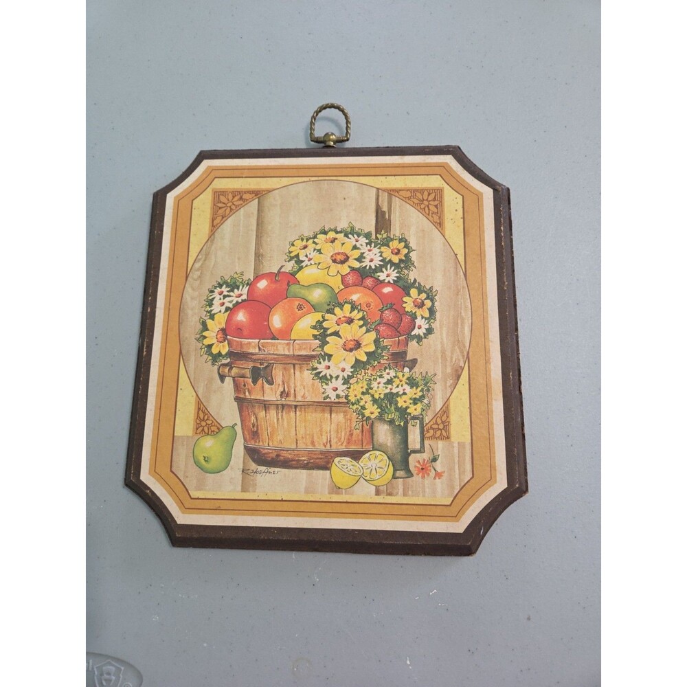 Vintage R Hoeffner Wooden Plaque Fruit In A Basket With Flowers 9.5”x10.25”